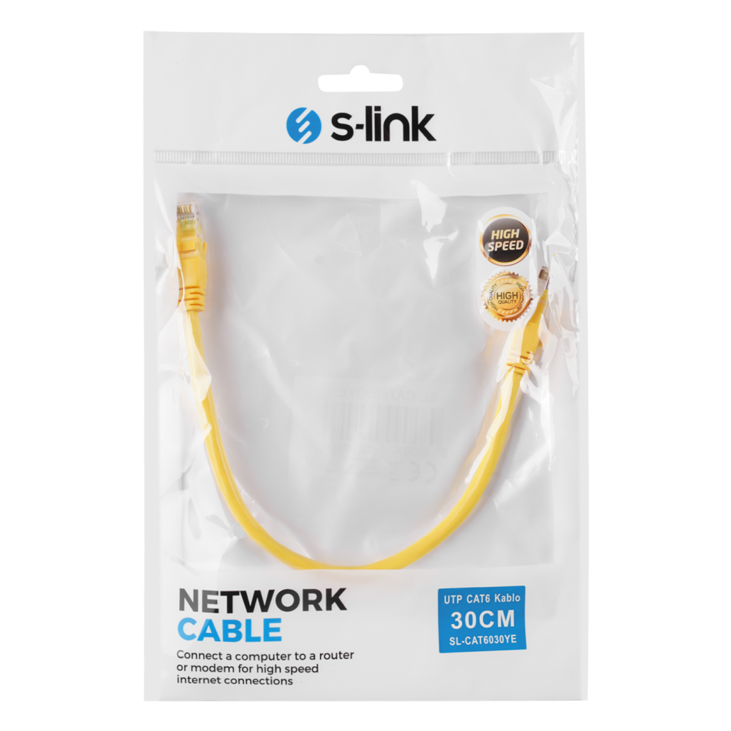 S-LINK SL-CAT6030YE CAT6 Patch 30CM Kablo (Sarı)