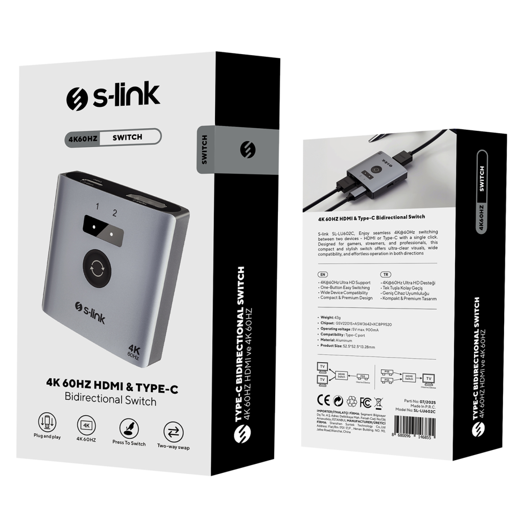 S-LINK SL-LU602C, 2xHDMI, 1Type-C, 4K, 60Hz, Monitör Çoklayıcı (1PC-2Monitör veya 2PC- 1Monitör) Çift Yönlü Switch