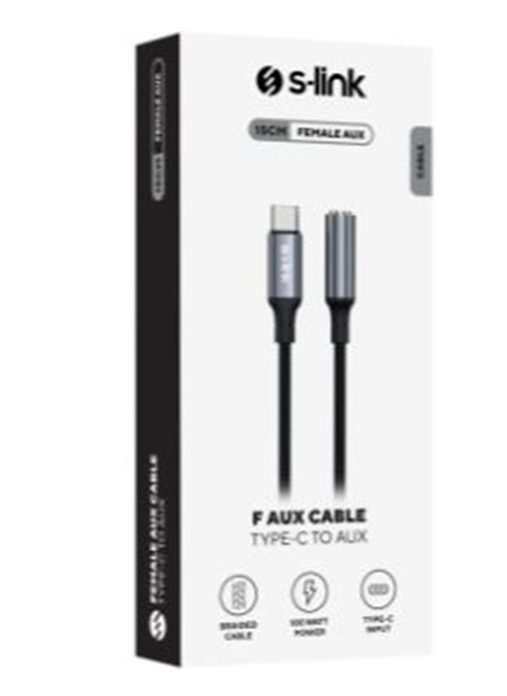 S-link Armor FC-01 15cm Type-C to F AUX Örgülü Metal Başlıklı Siyah Ses Kablosu