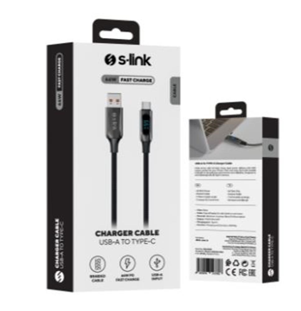 S-link Armor LED UC-066 66W 1m USB to Type-C PD Örgülü LED Başlıklı Siyah Hızlı Şarj Kablosu