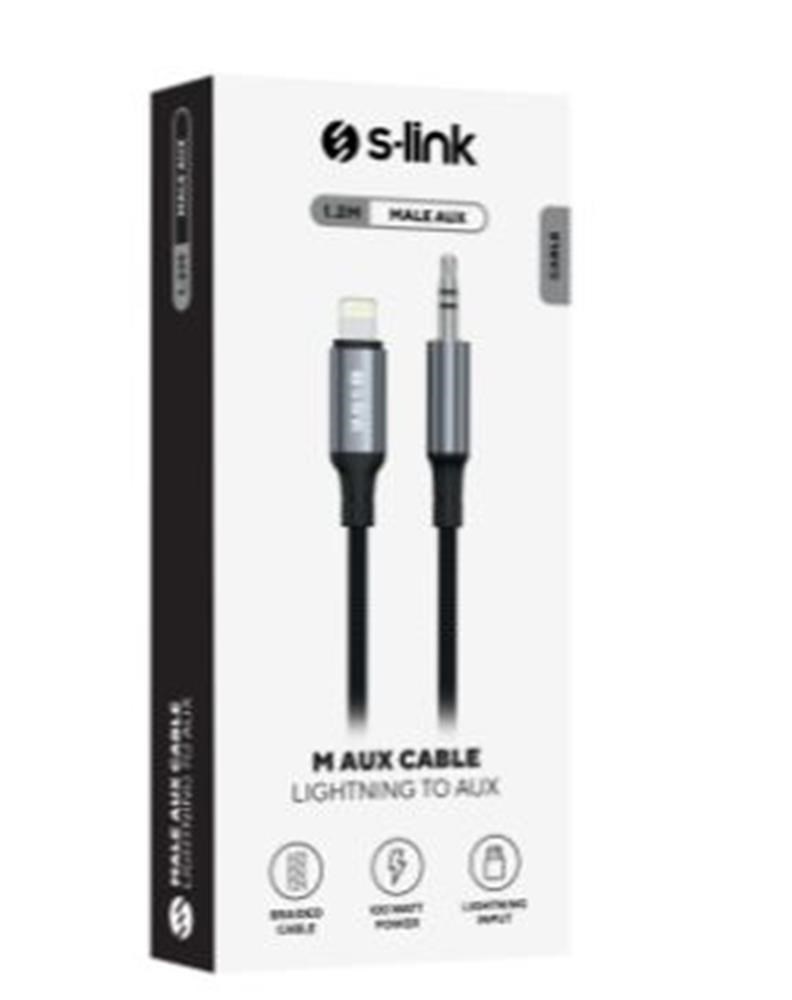 S-link Armor ML-01 1.2m Lightning to M AUX Örgülü Metal Başlıklı Siyah Ses Kablosu