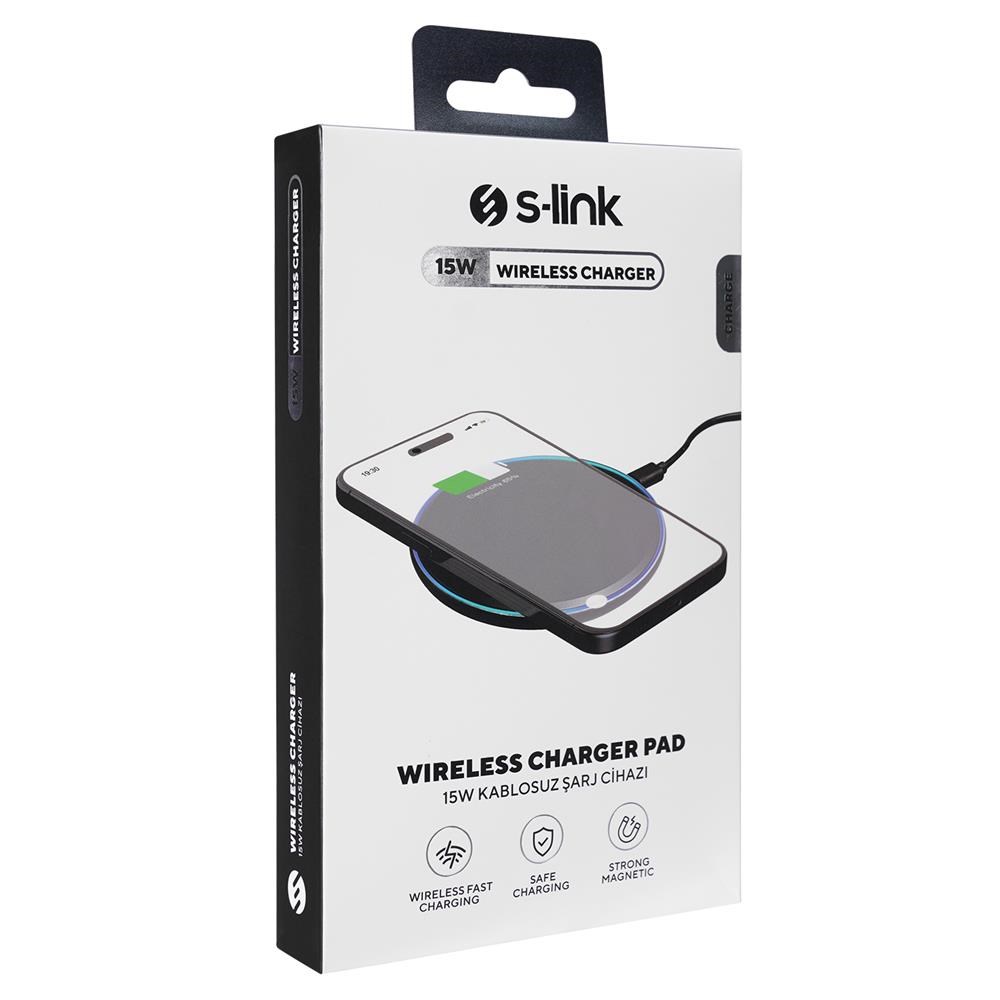 S-link SL-CWF65 Mobil Telefon Uyumlu 15W LED Logo PRM Siyah Kablosuz Şarj Cihazı