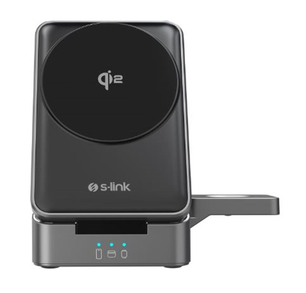 S-link SW-CWF116 Siyah Telefon Kulaklık Akıllı Saat 15W 3 in 1 Magsafe Qi2 Kablosuz Şarj Cihazı