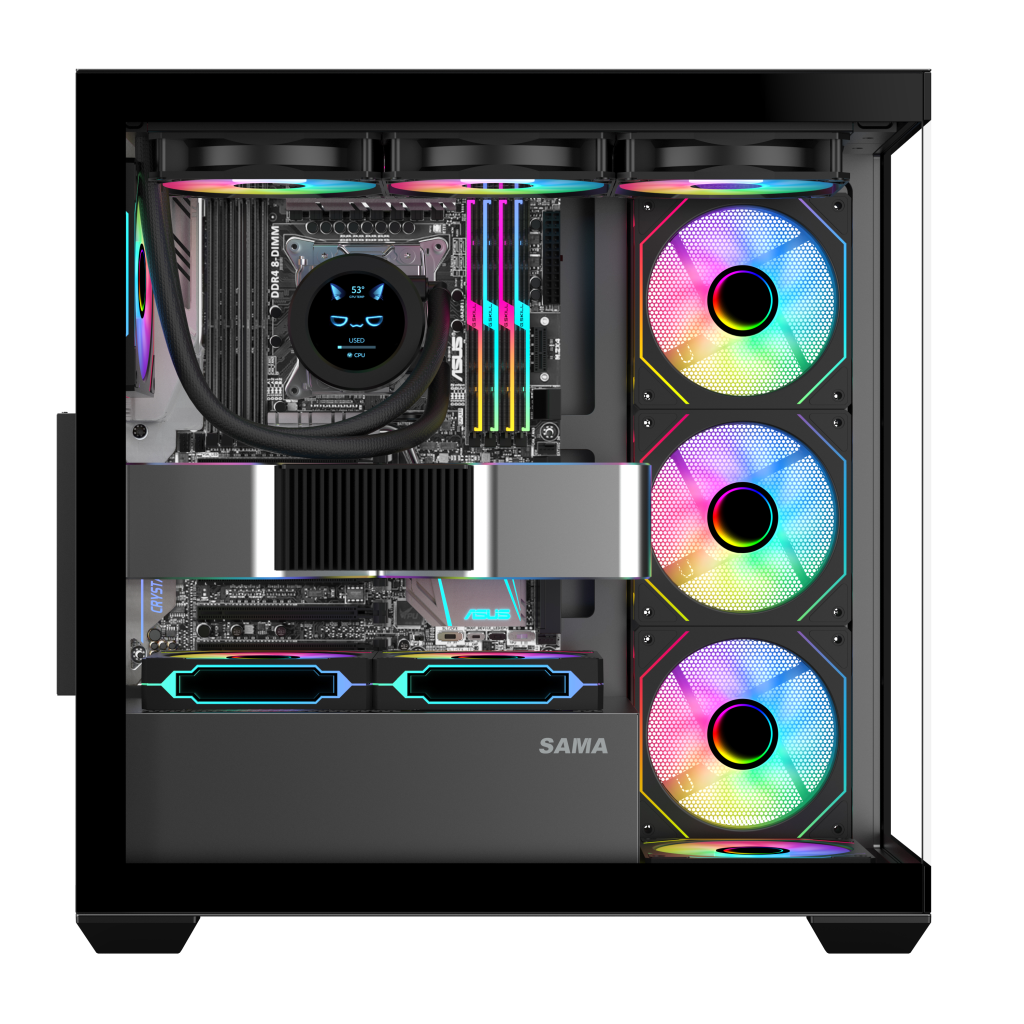 SAMA SV01BK Black, B750BK 750W, 80+ Bronze, PCIE 5.1, ATX3.1, Tempered Glass Panel, Panoramic Tasarım, Type-C, 4x120mm ARGB Fan, ATX, GAMING KASA