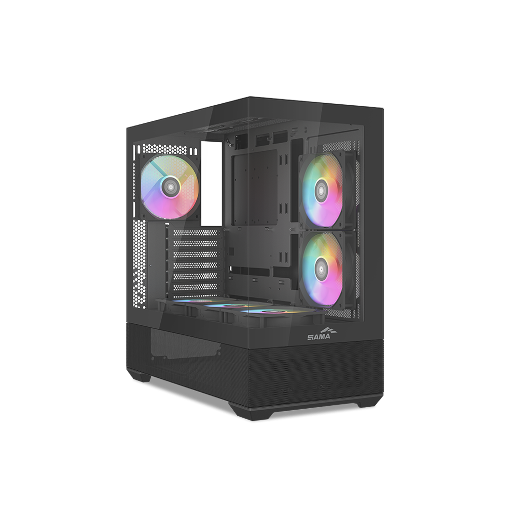 SAMA V40BK Black, B750BK 750W, 80+ Bronze, PCIE 5.1, ATX3.1, Tempered Glass Panel, Panoramic Tasarım, Type-C, 6x120mm ARGB Fan, ATX, GAMING KASA