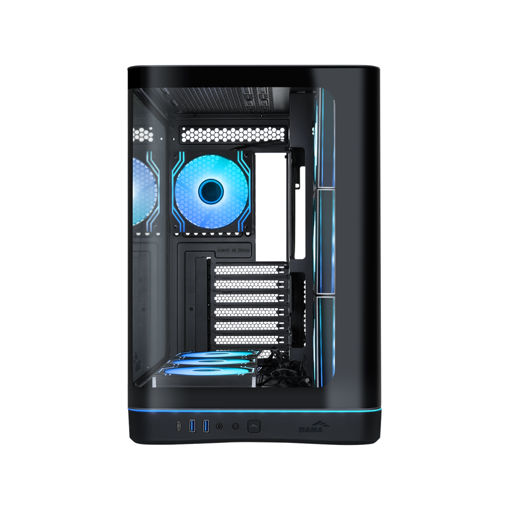 SAMA V62BK Black, B850BK 850W, 80+ Bronze, PCIE 5.1, ATX3.1, Tempered Glass Panel, Panoramic Tasarım, Type-C, 7x120mm ARGB INFINITY Fan, ATX, GAMING KASA