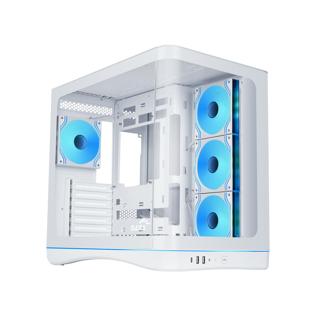SAMA V62WH White, G1000WH 1000W, 80+ Gold, Full Modüler, PCIE 5.1, ATX3.1, Tempered Glass Panel, Panoramic Tasarım, Type-C, 7x120mm ARGB INFINITY Fan, ATX, GAMING KASA