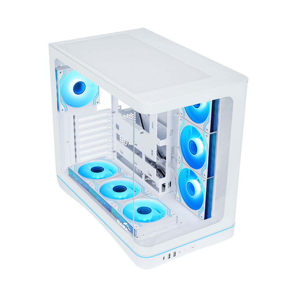 SAMA V62WH White, G1000WH 1000W, 80+ Gold, Full Modüler, PCIE 5.1, ATX3.1, Tempered Glass Panel, Panoramic Tasarım, Type-C, 7x120mm ARGB INFINITY Fan, ATX, GAMING KASA