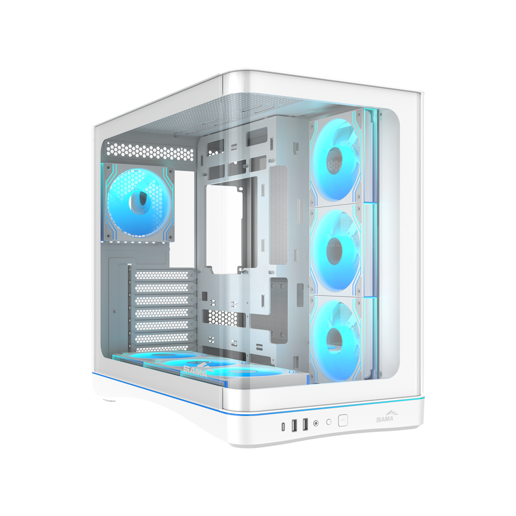 SAMA V62WH White, G1000WH 1000W, 80+ Gold, Full Modüler, PCIE 5.1, ATX3.1, Tempered Glass Panel, Panoramic Tasarım, Type-C, 7x120mm ARGB INFINITY Fan, ATX, GAMING KASA