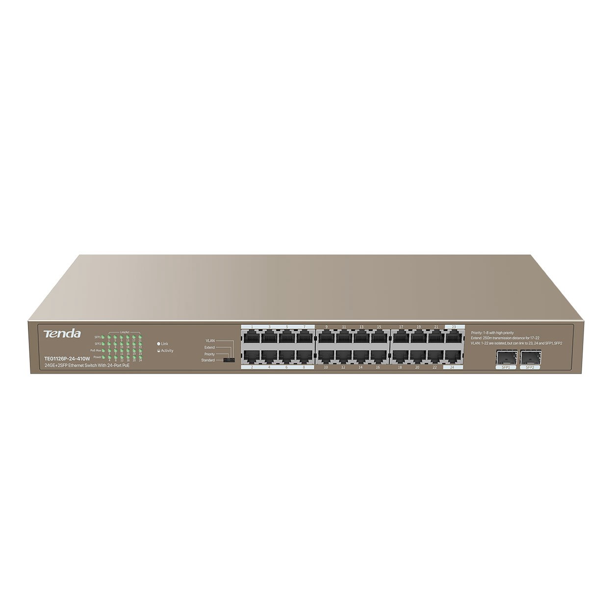 TENDA TEG1126P-24-410W 24 PORT 10/100/1000 POE 2 X SFP 410W YONETILEMEZ RACK MOUNT SWITCH