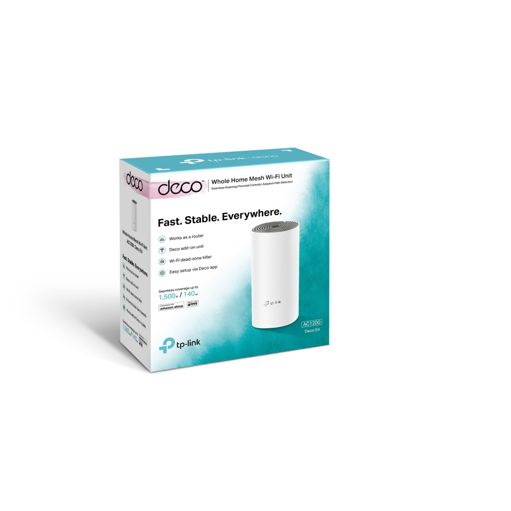 TP-LINK DECO-E4, AC1200, Tekli Mesh, 1200Mbps, Dual Band, 2Port Megabit Lan, 140m2 Çekim Alanı, Router, Geniş Alan İnternet Ağı Sağlayıcısı
