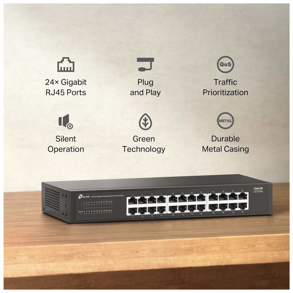 TP-LINK LS1024G, Green Tech, 24 Port GigaBit, Yönetilemez, Metal Kasa, Masaüstü Switch