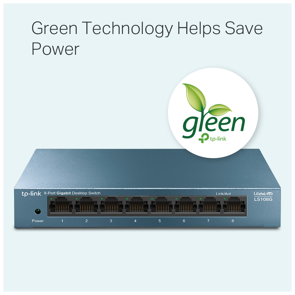 TP-LINK LS108G, Green Tech, 8 Port GigaBit, Yönetilemez, Metal Kasa, Masaüstü Switch