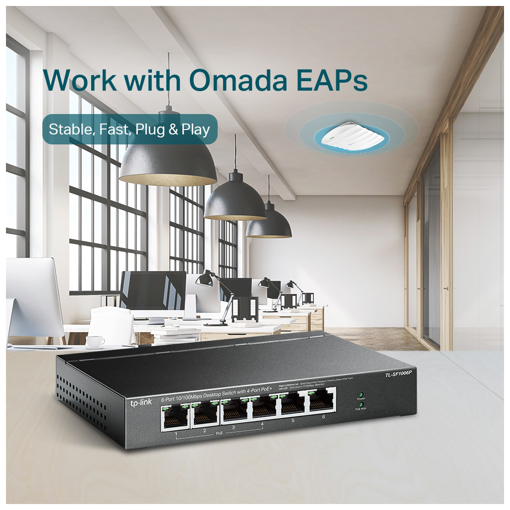 TP-LINK TL-SF1006P, 6 Port, MegaBit, 4 Port PoE 67W, Yönetilemez, Metal Kasalı Switch