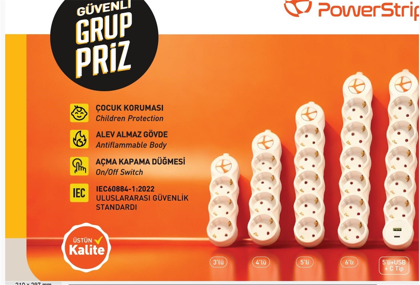 TUNCMATIK POWERSTRIP5 TSK19057 1,5m IEC 66884-1:2022 Standartı, FR(Alev Almaz)anahtarlı grup priz