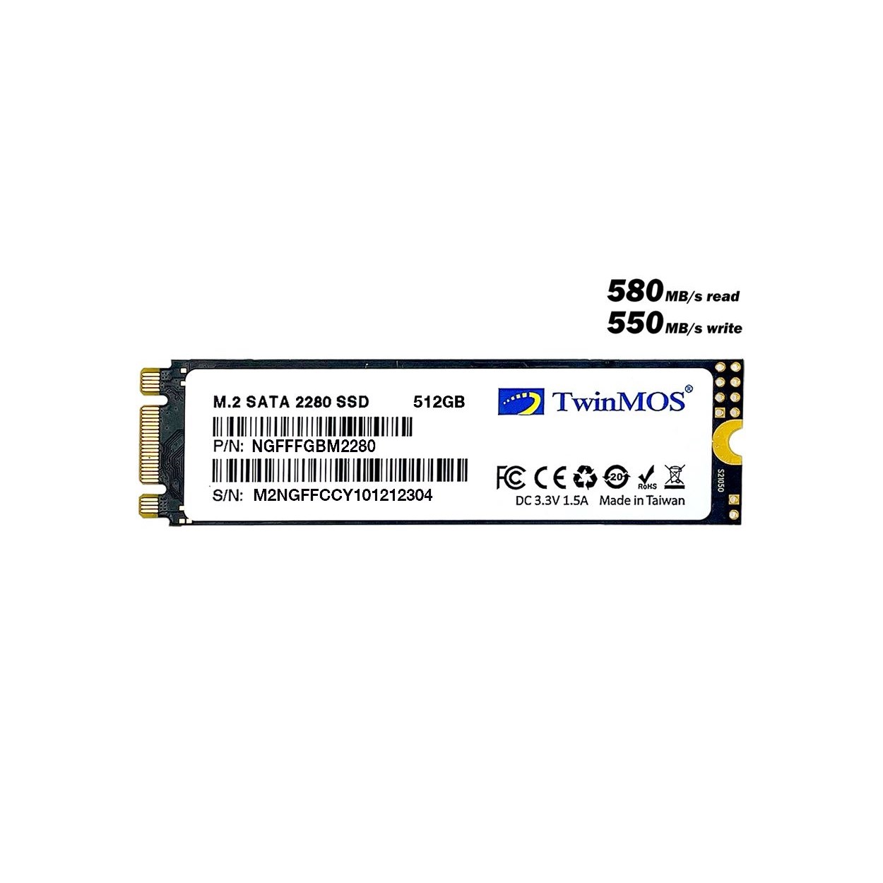 TWINMOS 512GB 580/550MB/s 4mm M.2 2280 SATA 3.0 SSD NGFFFGBM2280 3D-NAND