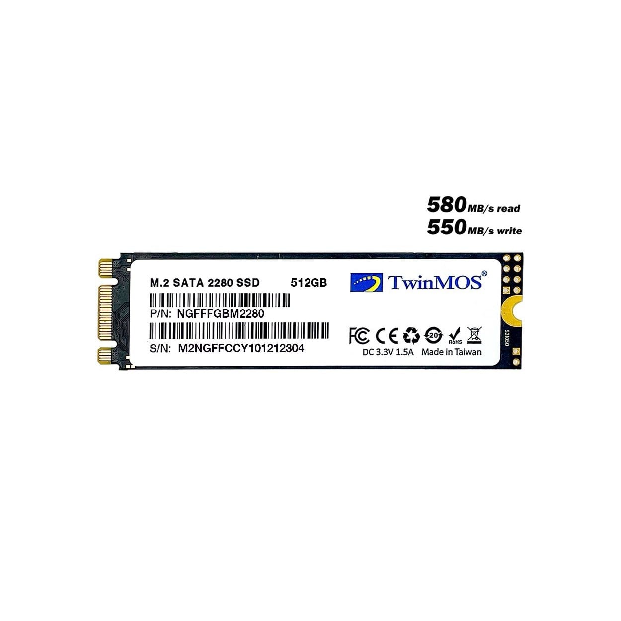 TWINMOS 512GB 580/550MB/s 4mm M.2 2280 SATA 3.0 SSD NGFFFGBM2280 3D-NAND