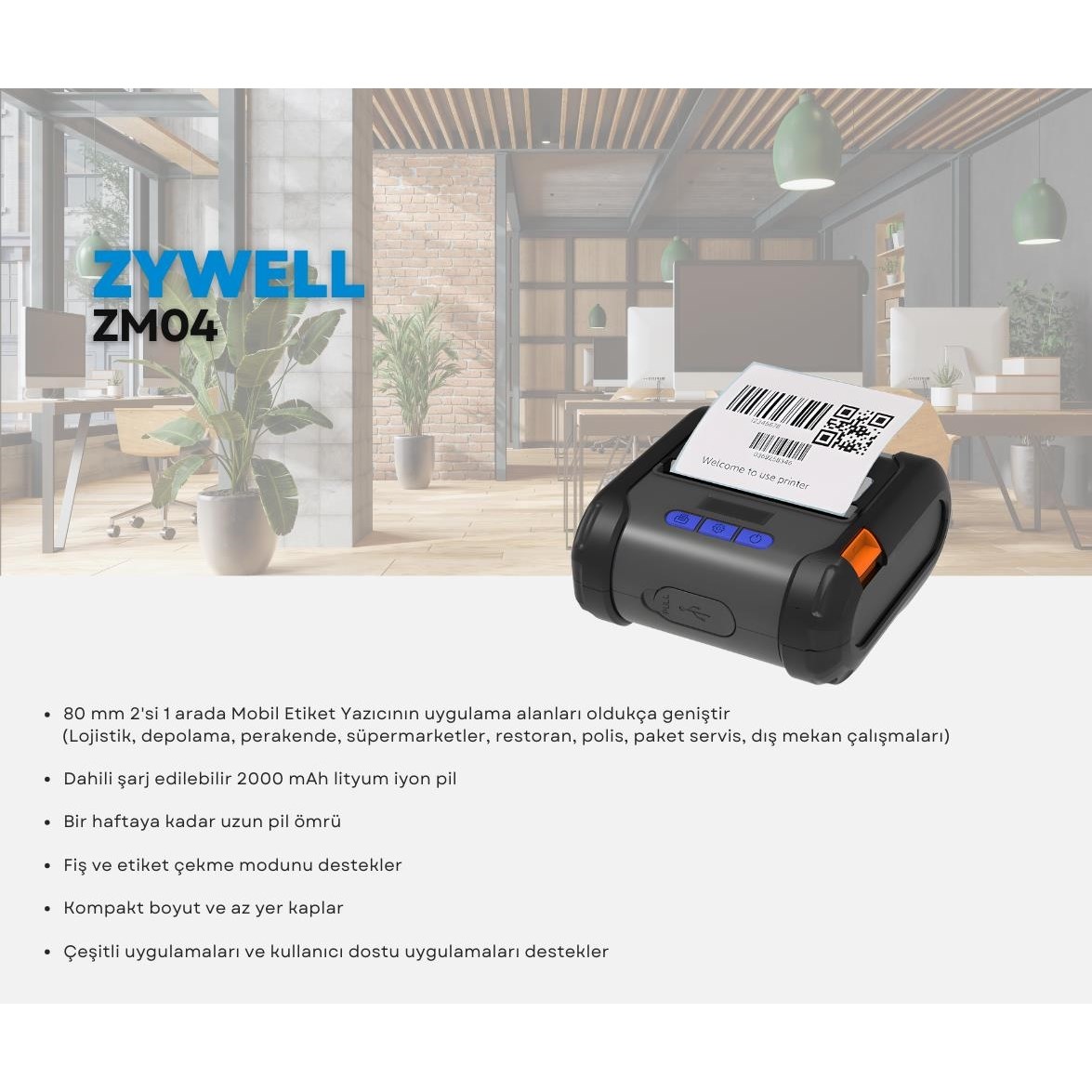 ZYWELL ZM04 THERMAL USB+BT MOBİL BARKOD YAZICI 100MM/s / 80MM