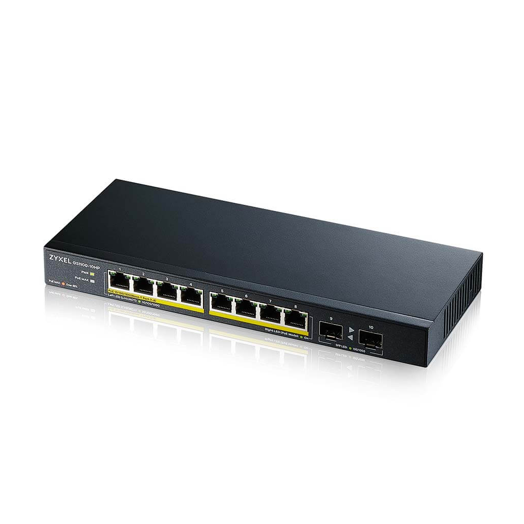 ZyXEL GS1100-10HP, 8 Port, Gigabit, PoE 130W, 2 Port GigaBit SFP, Yönetilemez, Masaüstü Switch