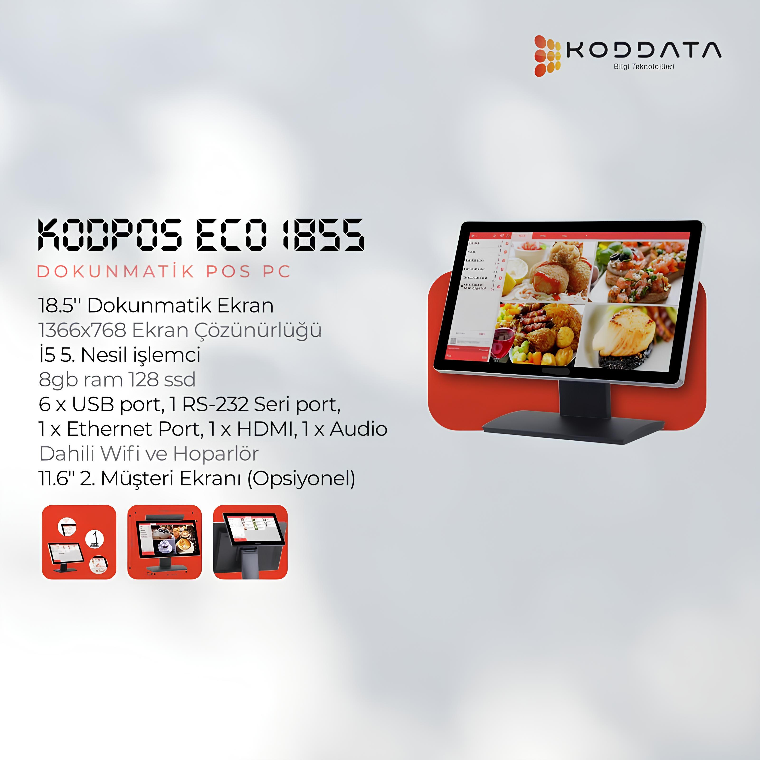 KODDATA KODPOS ECO 1855 ÇİFT EKRAN DOKUNMATİK POS PC i5 5.Nesil 8GB RAM 128GB SSD 18.5 İNÇ