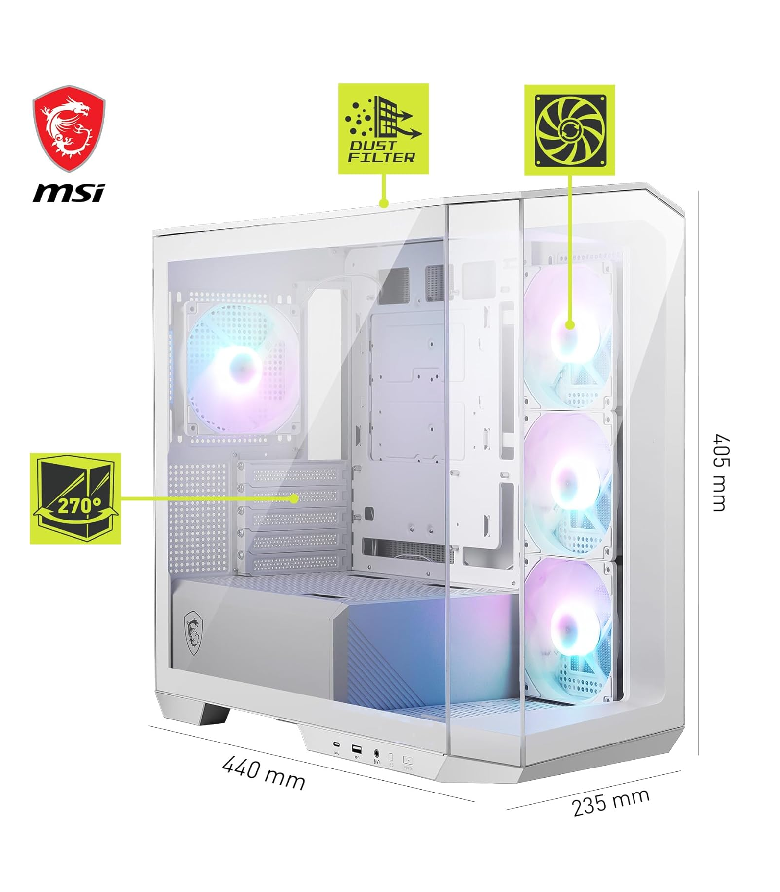 MSI MAG Pano M100R PZ ARGB Fanlı Beyaz Micro ATX Oyuncu Kasası