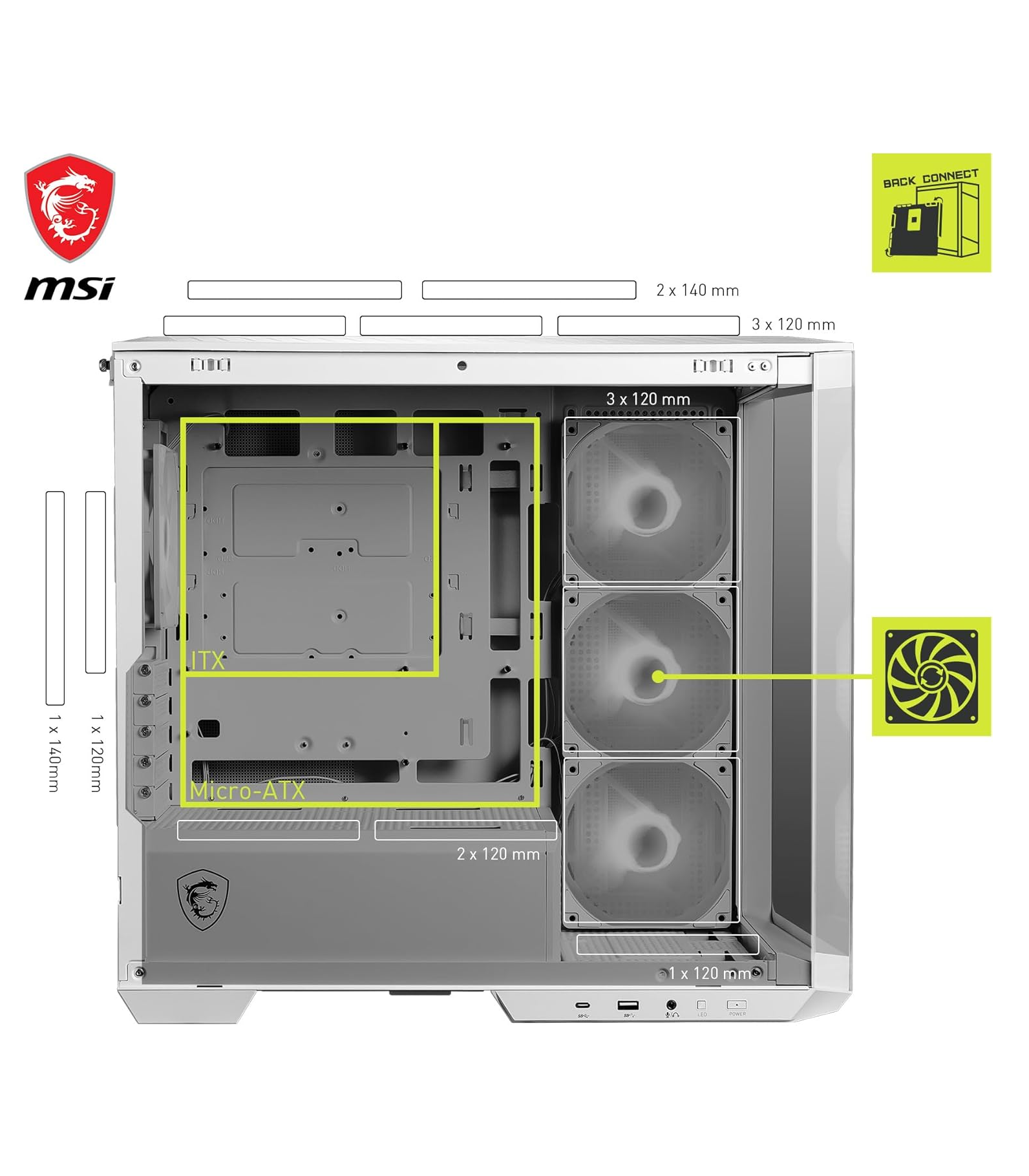 MSI MAG Pano M100R PZ ARGB Fanlı Beyaz Micro ATX Oyuncu Kasası