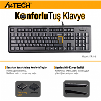 A4 TECH KR-92, Siyah, USB Kablolu, Türkçe Q, Multimedya, Klavye