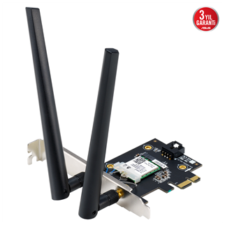 ASUS PCE-BE6500, BE6500, 2xAnten, 6500Mbps, Tri-Bant, 6GHz WİFİ 7, Bluetooth v5.4, WPA3, PCI-Express x1, PCIe Adapter