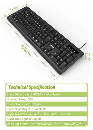 Acer OAK-0A0  Siyah Kablolu Sessiz Tuşlu  Klavye (Caps Lock) (Kablo Uzunluğu 1.50Cm) Caps Lock