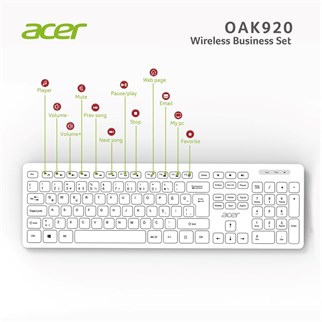 Acer OAK-920  Beyaz Kablosuz Sessiz Tuşlu  2.4Ghz Klavye Moue Set Beyaz (Mouse 1200Dpı) Caps Lock