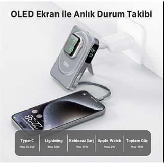 BİX 10000mAh TPB16-GR 6SI 1 ARADA OLED EKRANLI Gri KABLOSUZ POWERBANK