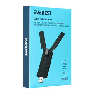 EVEREST EWA1800, 1800Mbp, 2.4Ghz ve 5Ghz Dual Band, WIFI 6, 2x3.5dbi Anten, USB3.0, WIRELESS ETHERNET