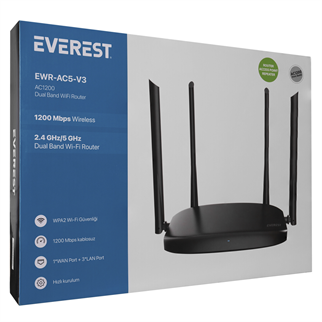 EVEREST EWR-AC5-V3, AC1200, 1200Mbps, Dual Band Wifi, 4Port, 1 WAN, Masaüstü, Megabit, WISP, Repeater, Router, Access Point