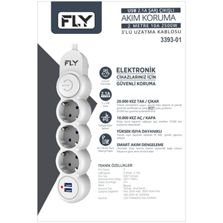 FLY 3393-01, 3 Soket, 2 USB, Akım Korumalı Priz, 2.1A, Anahtarlı, 2Mt Kablo, (Beyaz)