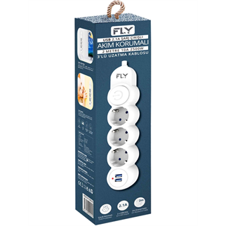 FLY 3393-01, 3 Soket, 2 USB, Akım Korumalı Priz, 2.1A, Anahtarlı, 2Mt Kablo, (Beyaz)