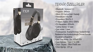 Inca IBK-503S Siyah 5.3 Bluetooth Wireless Kulaklık Micro Sd Kulaklık 400mah Type-c To USB