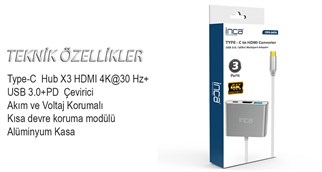Inca ITPC-04TX Type-c Hub HDMI 4K@30hz USB3.0+PD100W Akım ve Voltaj Korumalı Alüminyum Çoklayıcı