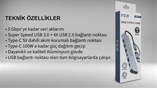 Inca IUTP-7T Usb+Type-c Girişli USB 3.0+4X USB 2.0 Type-C 5V 2X Type-C 100W Çoklayıcı