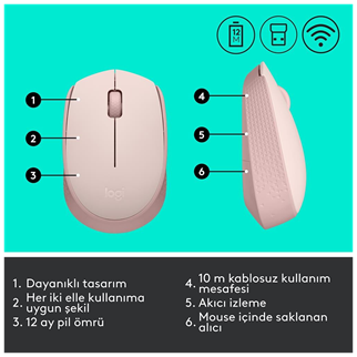 LOGITECH 910-006865, M171 Rose, USB Nano 2,4G Kablosuz, 1000dpi, Optik, 3 Tuşlu, 12ay Pil Ömrü, Mouse