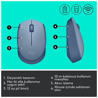 LOGITECH 910-006866, M171 BlueGrey, USB Nano 2,4G Kablosuz, 1000dpi, Optik, 3 Tuşlu, 12ay Pil Ömrü, Mouse