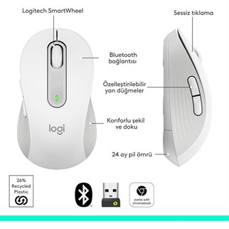 LOGITECH M650 Kablosuz + Bluetooth Beyaz Mouse (910-006238)