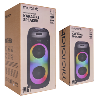 MICROLAB M61, 80W, Taşınabilir, BT/USB/AUX/TF/TWS, RGB Işıklı, 2400mAh Batarya, 2adet VHF Mikrofon, Karaoke/Parti, Bluetooth Speaker,