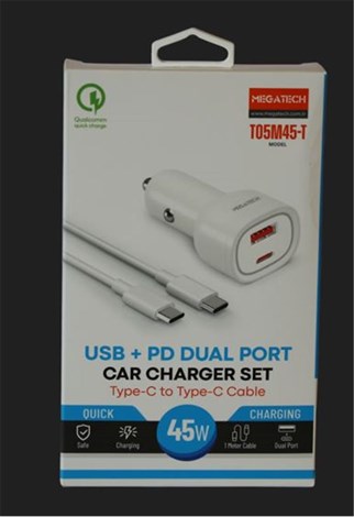 Megatech T05M45-T Beyaz 45W PD-USB Araç Çakmaklık Şarj Başlığı Hızlı Şarj(TYPE-C TO TYPE-C KABLO)