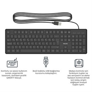 PHILIPS SPK6248B, USB Kablolu, Türkçe Q, Multimedya Klavye (Siyah)
