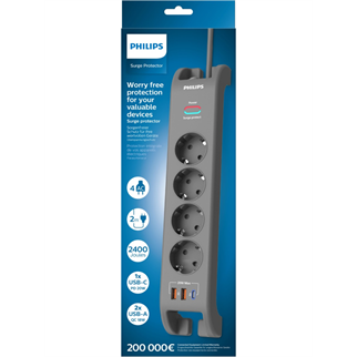 PHILIPS SPN4140GA/62, 4 Soket, Akım Korumalı Priz, 2400 Joules, 2Mt Kablo, 1xUsb-C PD 20W Hızlı Şarj, 2xUsb-A QC 18W, (Gri)