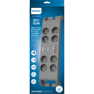 PHILIPS SPN8180GA/62, 8 Soket, Akım Korumalı Priz, 2400 Joules, 2Mt Kablo, 2xUsb-C PD 20W Hızlı Şarj, 2xUsb-A QC 18W, (Gri)