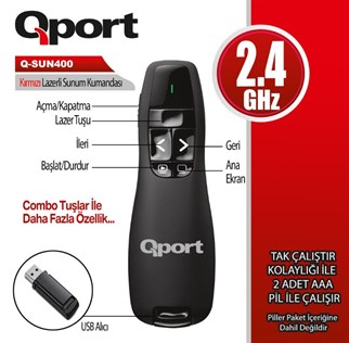 QPORT Q-SUN400 2.4 GHZ USB KIRMIZI LAZERLİ SUNUM KUMANDASI - PRESENTER