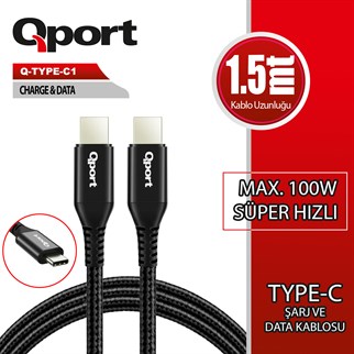 QPORT Q-TYPE-C1 1.5M TYPE-C 100W SUPER HIZLI PD SARJ VE DATA KABLOSU