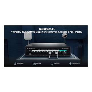 RUIJIE REYEE RG-ES110GS-P-L 10 Port, 8 Port  Gigabit PoE, 120W, 1 Port SPF, 1 Port Gigabit Uplink, Switch