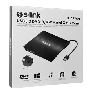 S-LINK SL-DRW06, USB 3.0, External, Siyah, Slim, CD-R/DVD-R/RW Optik Okuyucu/Yazıcı.